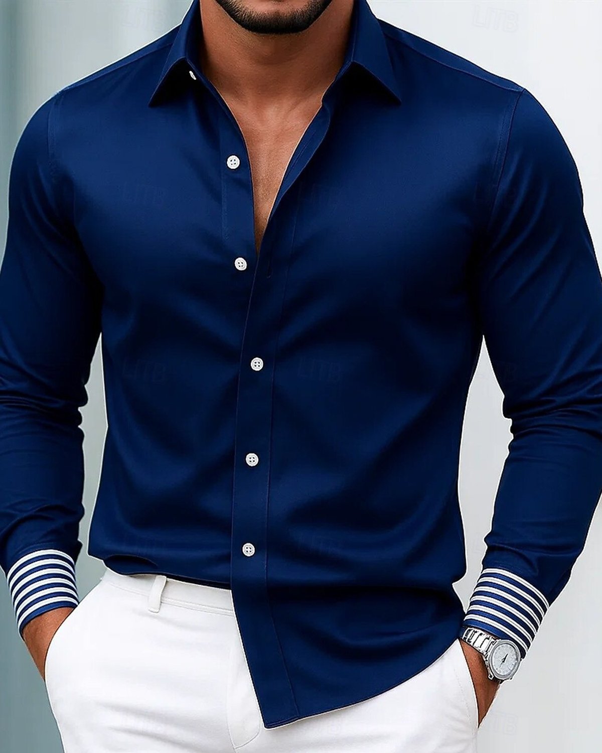 Alohadaddy® Satin Basic Solid Color Striped Patchwork Men's Long-Sleeve Shirt