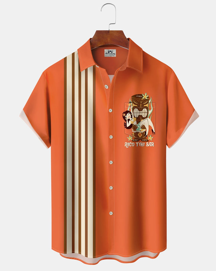 Alohadaddy® Hawaiian Tiki Bar Cocktail Retro Bowling Shirt Short-Sleeved Men&