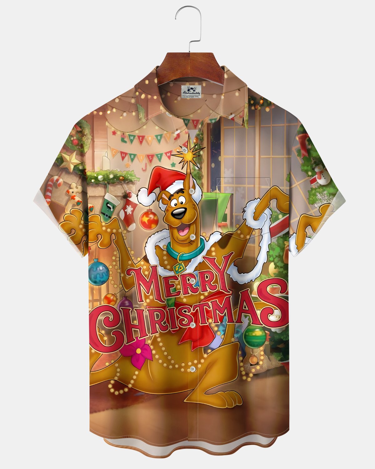 Alohadaddy® Retro Christmas Movie Cartoon Print Men's Button Pocket Short Sleeve Shirt Big & Tall