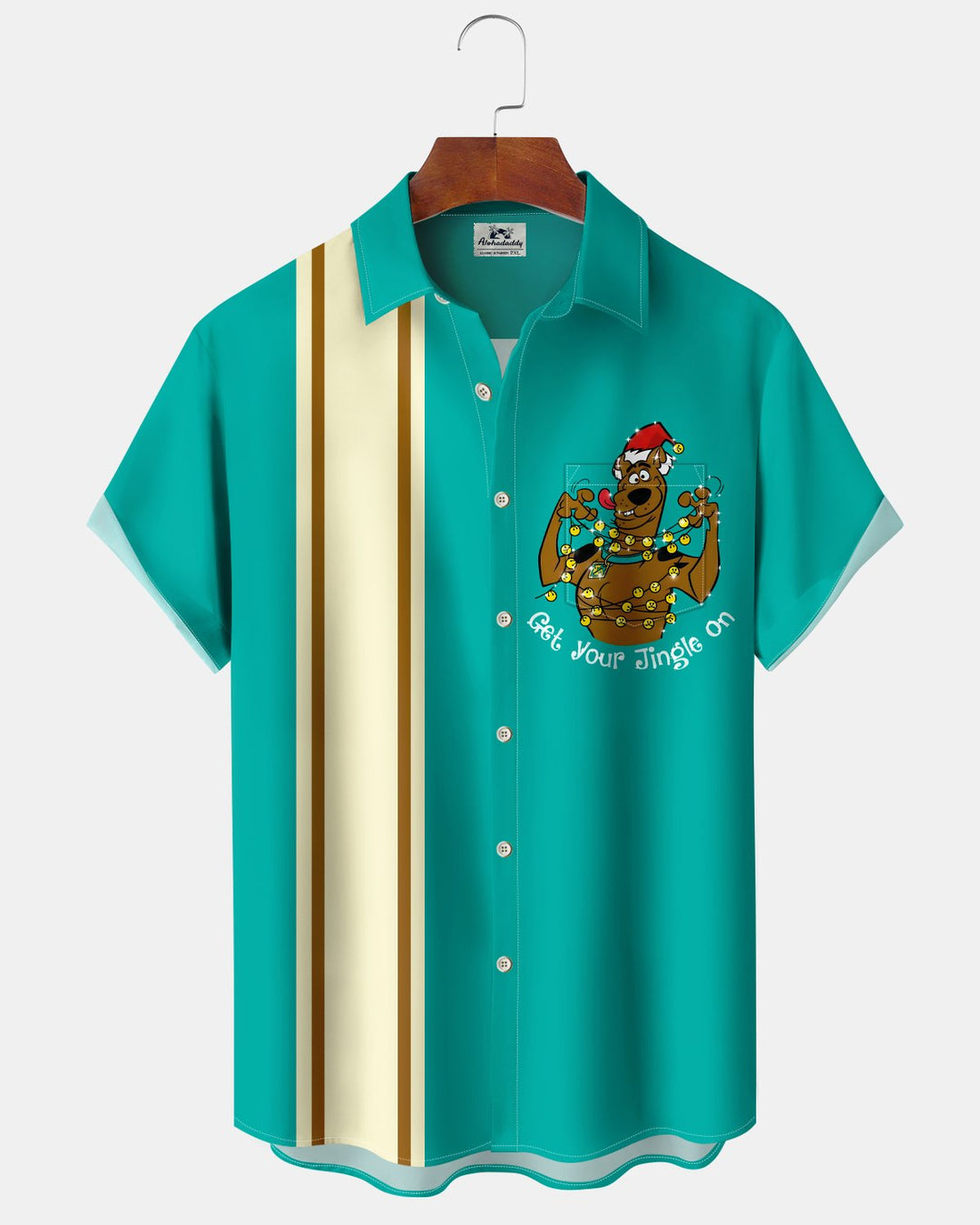 Alohadaddy® Hawaiian Retro Cartoon Christmas Movie Puppy Bowling Shirt Short-Sleeve Men&