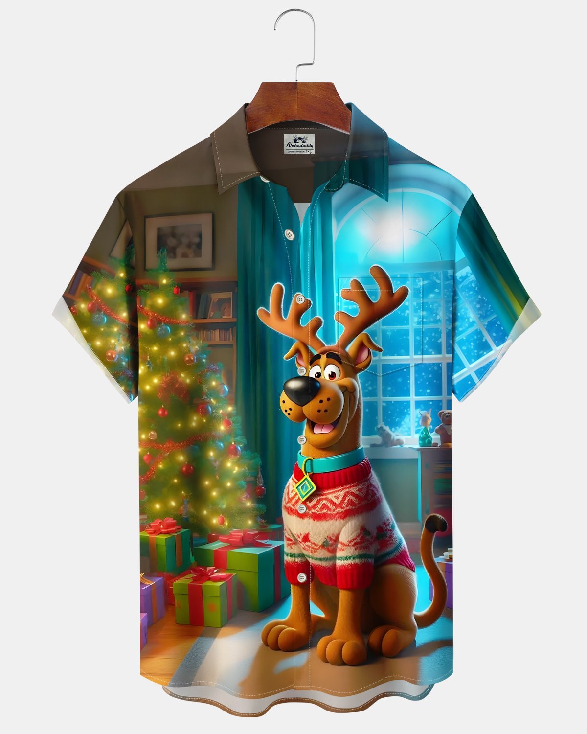 Alohadaddy® Retro Cartoon Christmas Movie Dog Christmas Tree Short-Sleeve Men's Shirt