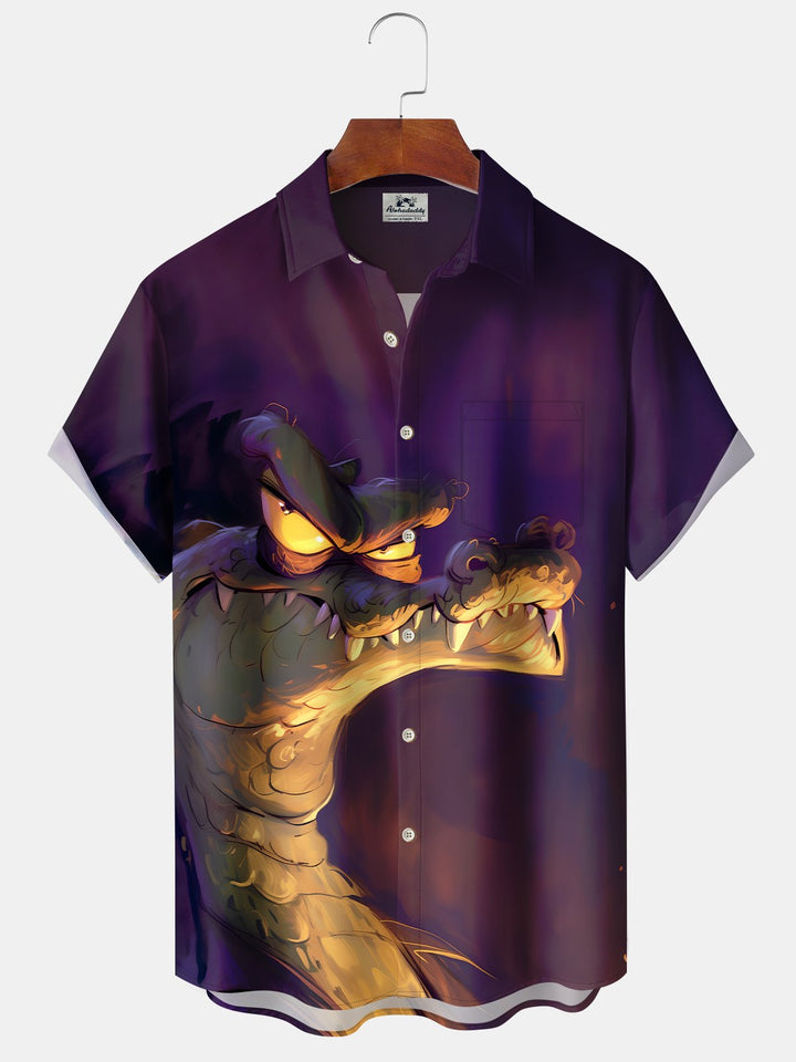 Alohadaddy Casual Crocodile Oil Painting Print Art Button Cardigan Pocket Stretch Large Size Polyester Short Sleeve Shirt