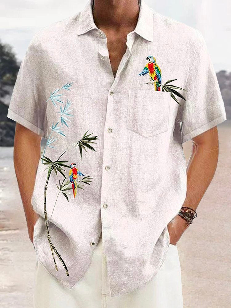 Alohadaddy Green Linen Cotton Parrot Print Chest Bag Vintage Shirt Plus Size Shirt