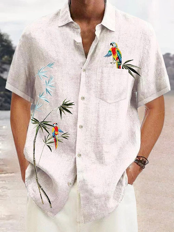 Alohadaddy Green Linen Cotton Parrot Print Chest Bag Vintage Shirt Plus Size Shirt