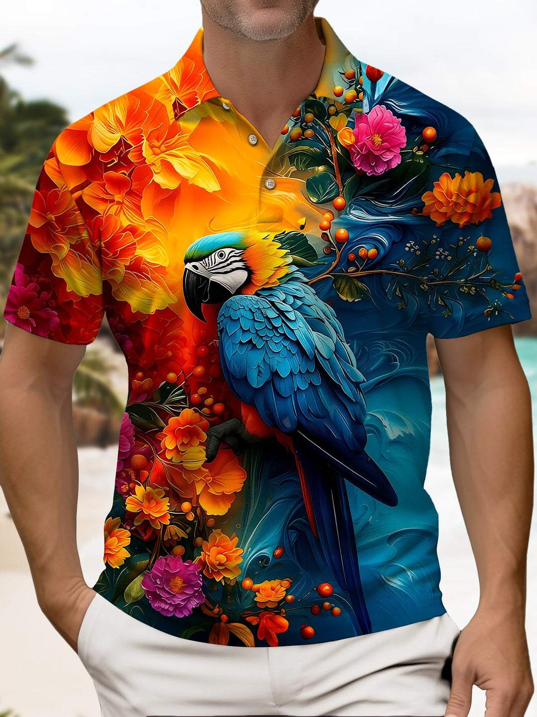 Alohadaddy® Hawaiian Retro Abstract Oil Painting Parrot Short-Sleeve Polo Shirt