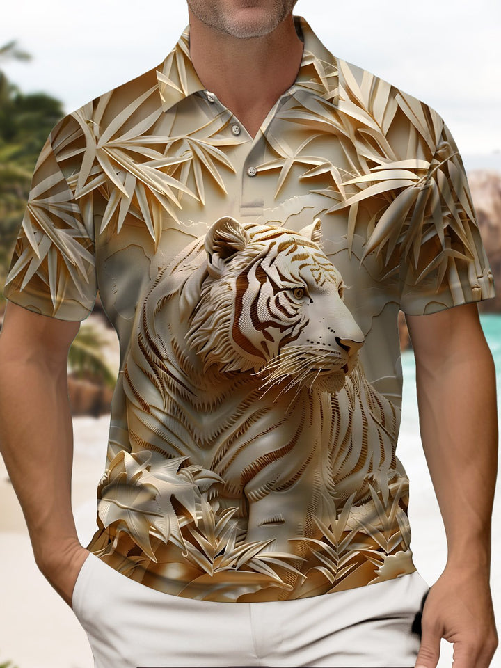 Alohadaddy® Retro 3D Abstract Tiger Short-Sleeve Polo Shirt