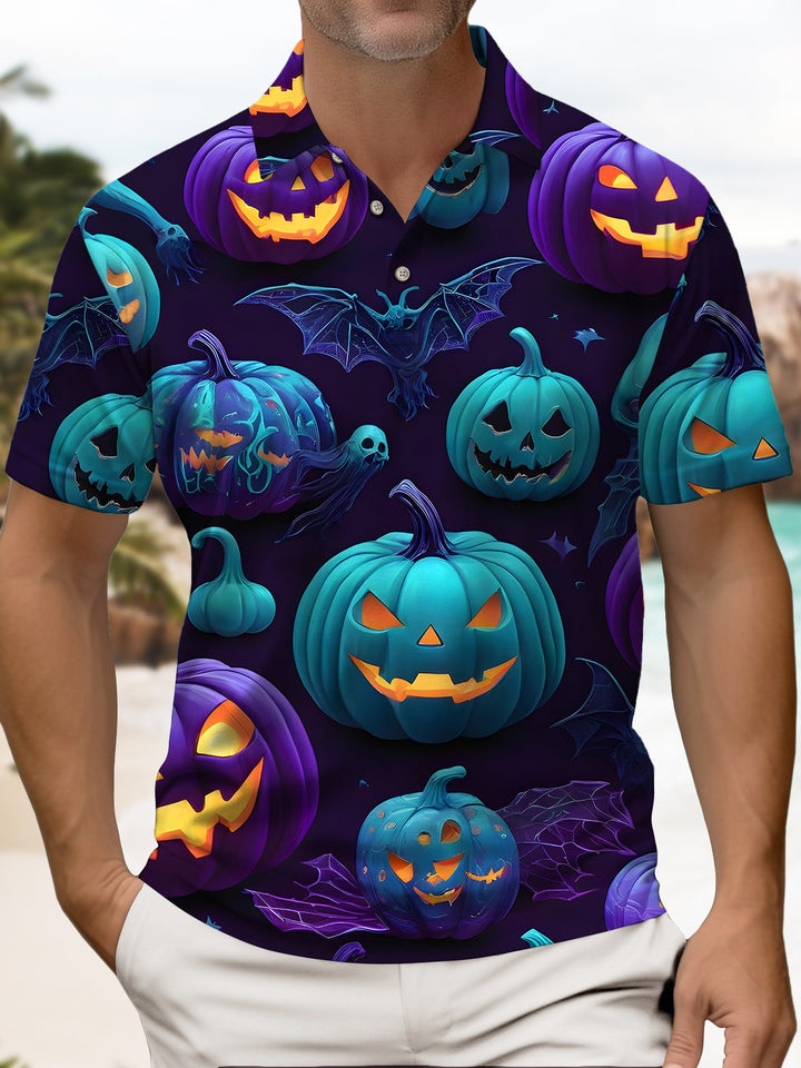 Alohadaddy® Holiday Halloween Pumpkin Bat Gradient Short-Sleeve Polo Shirt