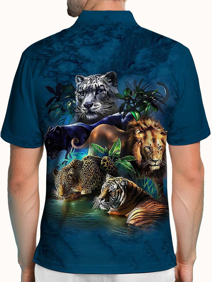 Alohadaddy® Vintage Hawaiian Tiger and Lion Short-Sleeve Polo Shirt