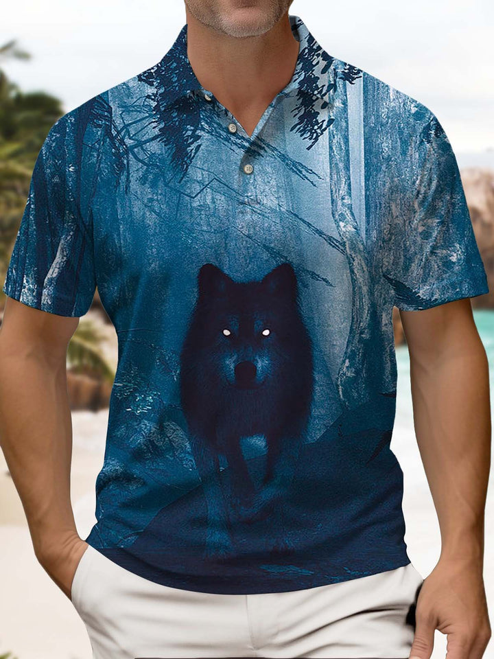 Alohadaddy® Retro Hawaiian Wolf Forest Short-Sleeve Polo Shirt