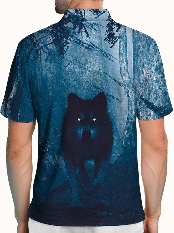 Alohadaddy® Retro Hawaiian Wolf Forest Short-Sleeve Polo Shirt