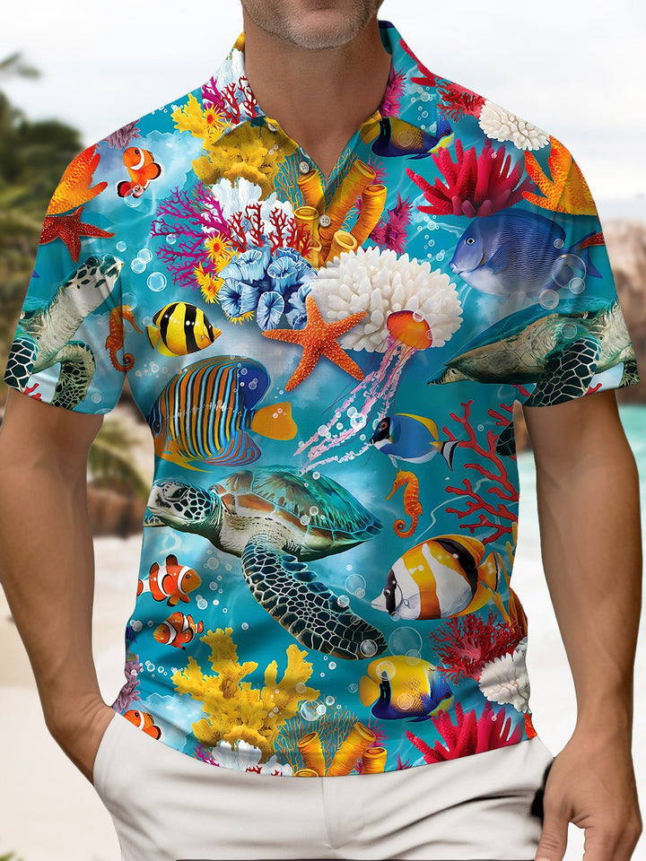 Alohadaddy® Hawaiian Marine Life Tropical Fish Short-Sleeve Polo Shirt