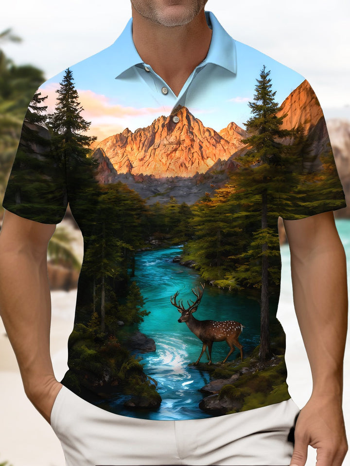 Alohadaddy® Retro 3D Forest Reindeer Geometric Short-Sleeve Polo Shirt