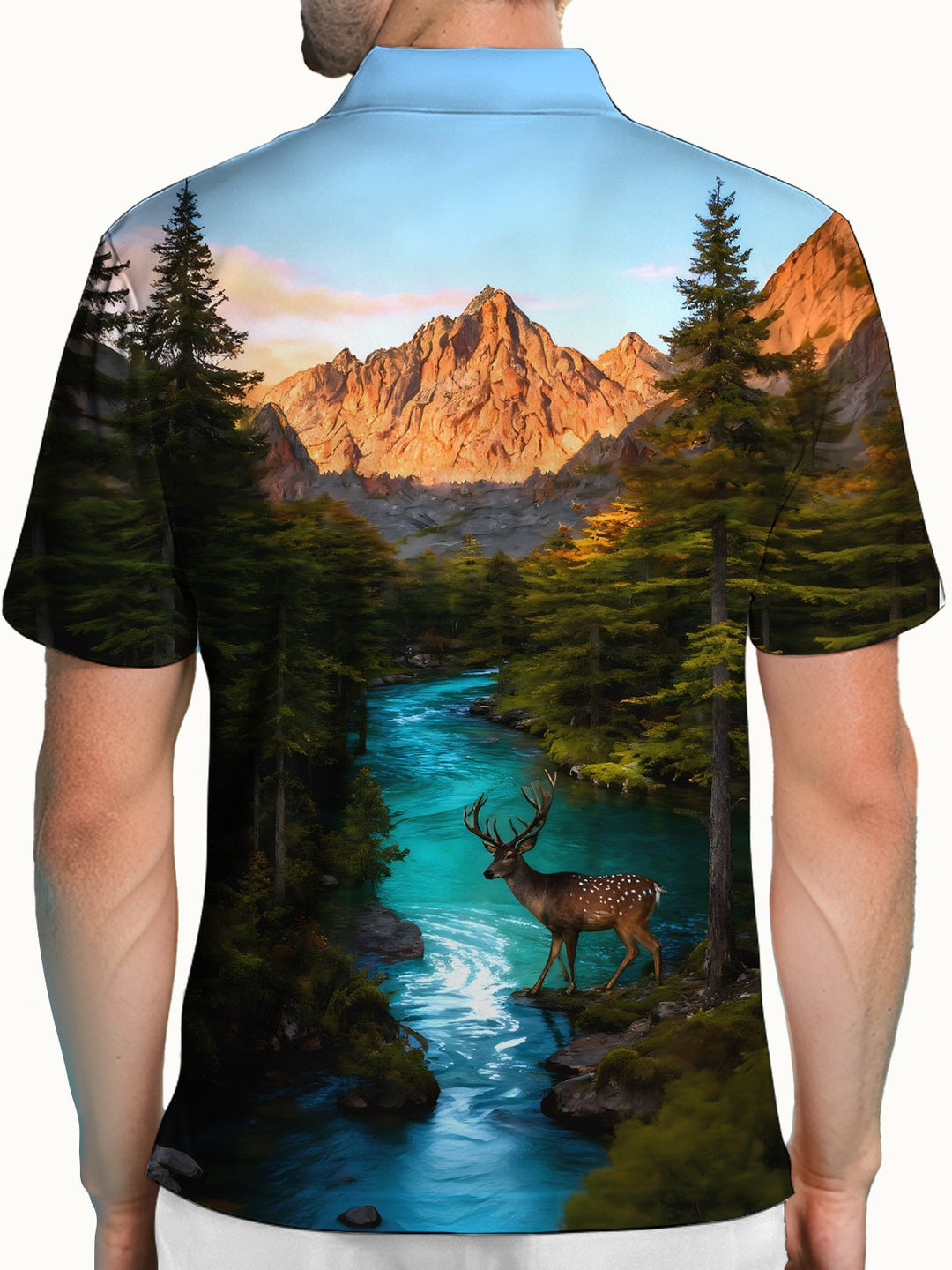 Alohadaddy® Retro 3D Forest Reindeer Geometric Short-Sleeve Polo Shirt