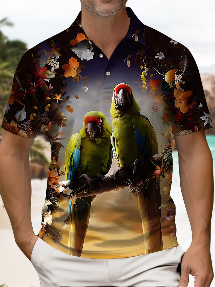 Alohadaddy® Hawaiian Gradient Parrot Tropical Floral Short-Sleeve Polo Shirt