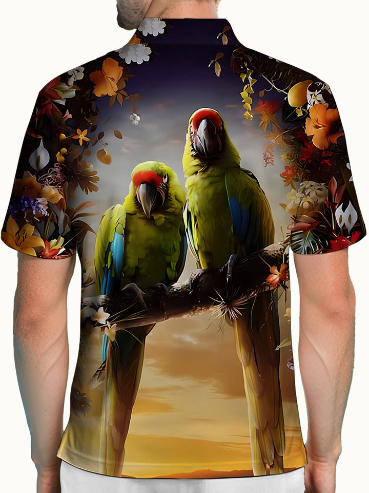 Alohadaddy® Hawaiian Gradient Parrot Tropical Floral Short-Sleeve Polo Shirt