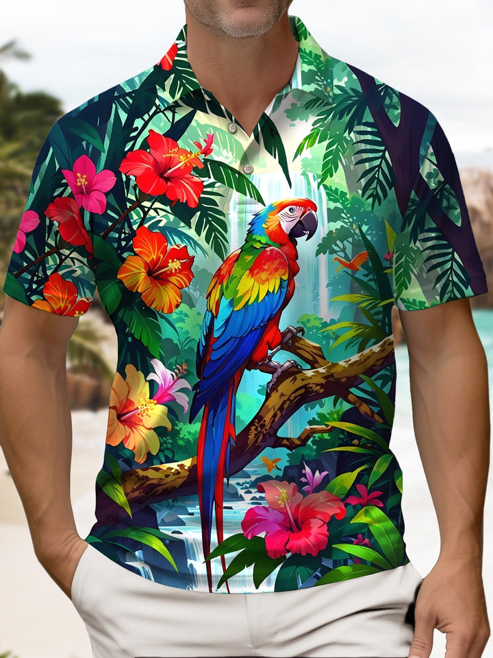 Alohadaddy® Hawaiian Retro Parrot Tropical Short-Sleeve Polo Shirt