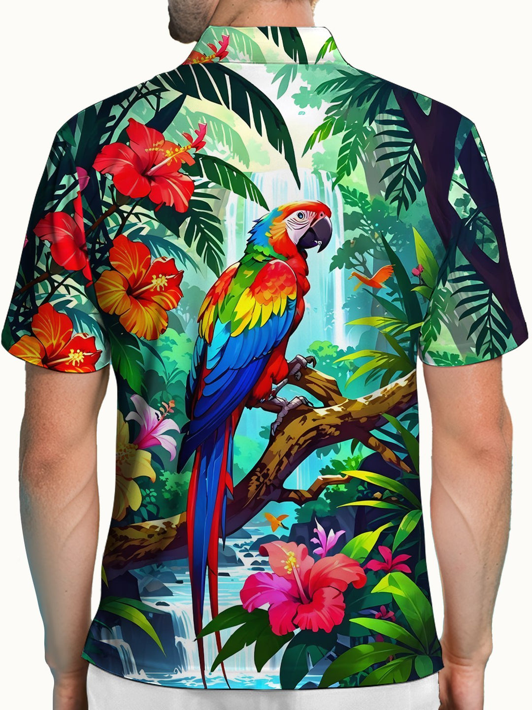 Alohadaddy® Hawaiian Retro Parrot Tropical Short-Sleeve Polo Shirt