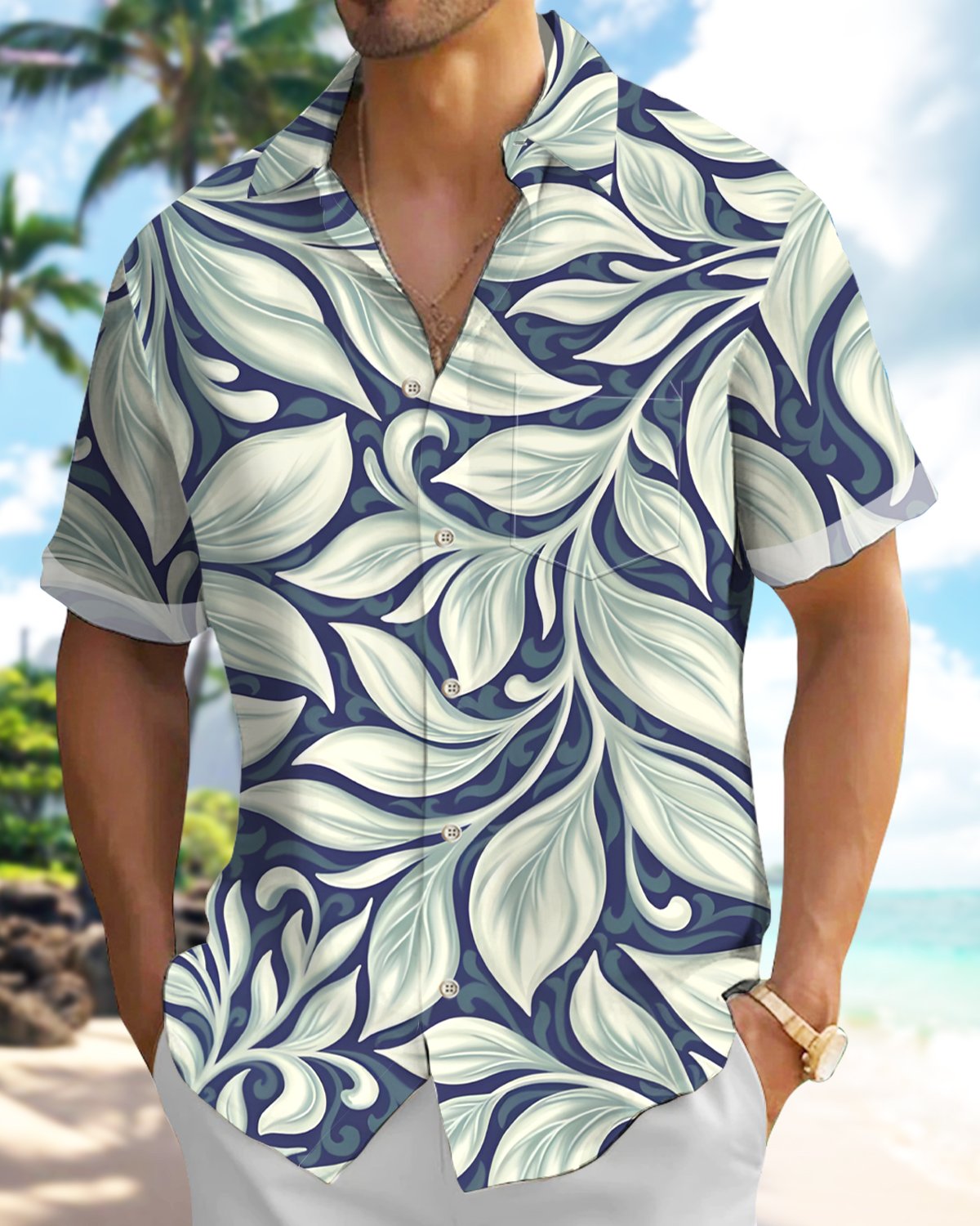 Alohadaddy® Hawaiian Floral Abstract Tropical Leaf Men's Short-Sleeve Shirt