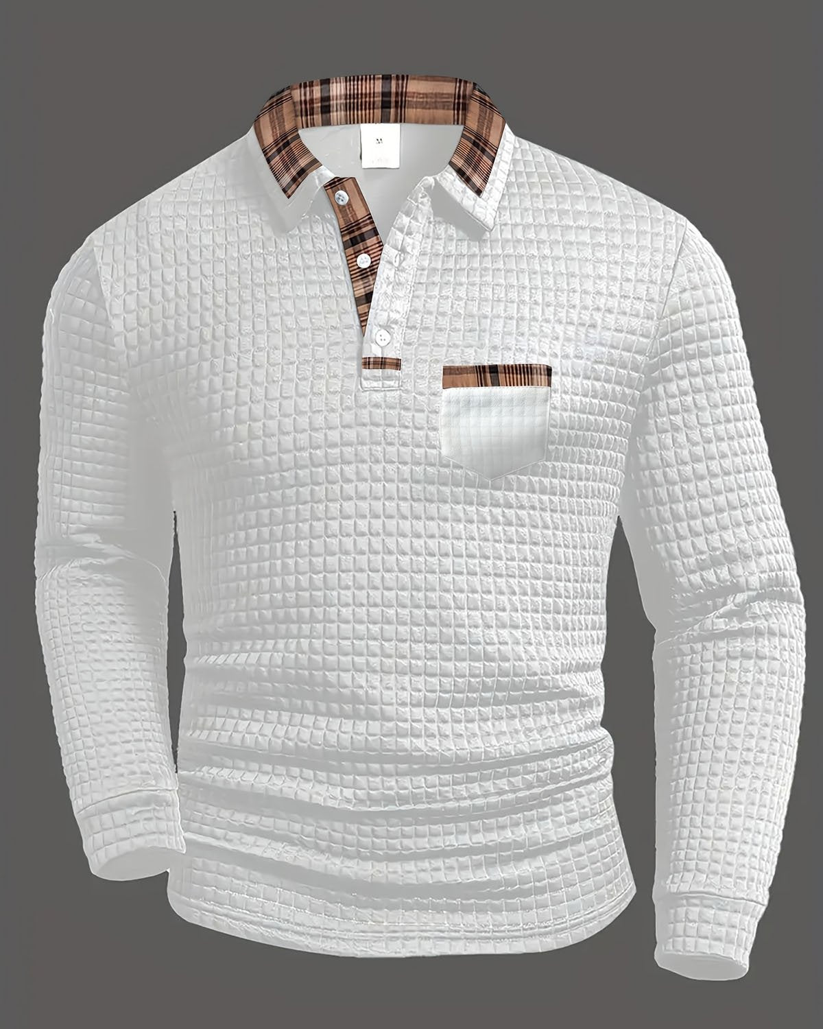 Alohadaddy® Men's Solid Color Geometric Patchwork Fabric Check Long-Sleeve Polo Shirt