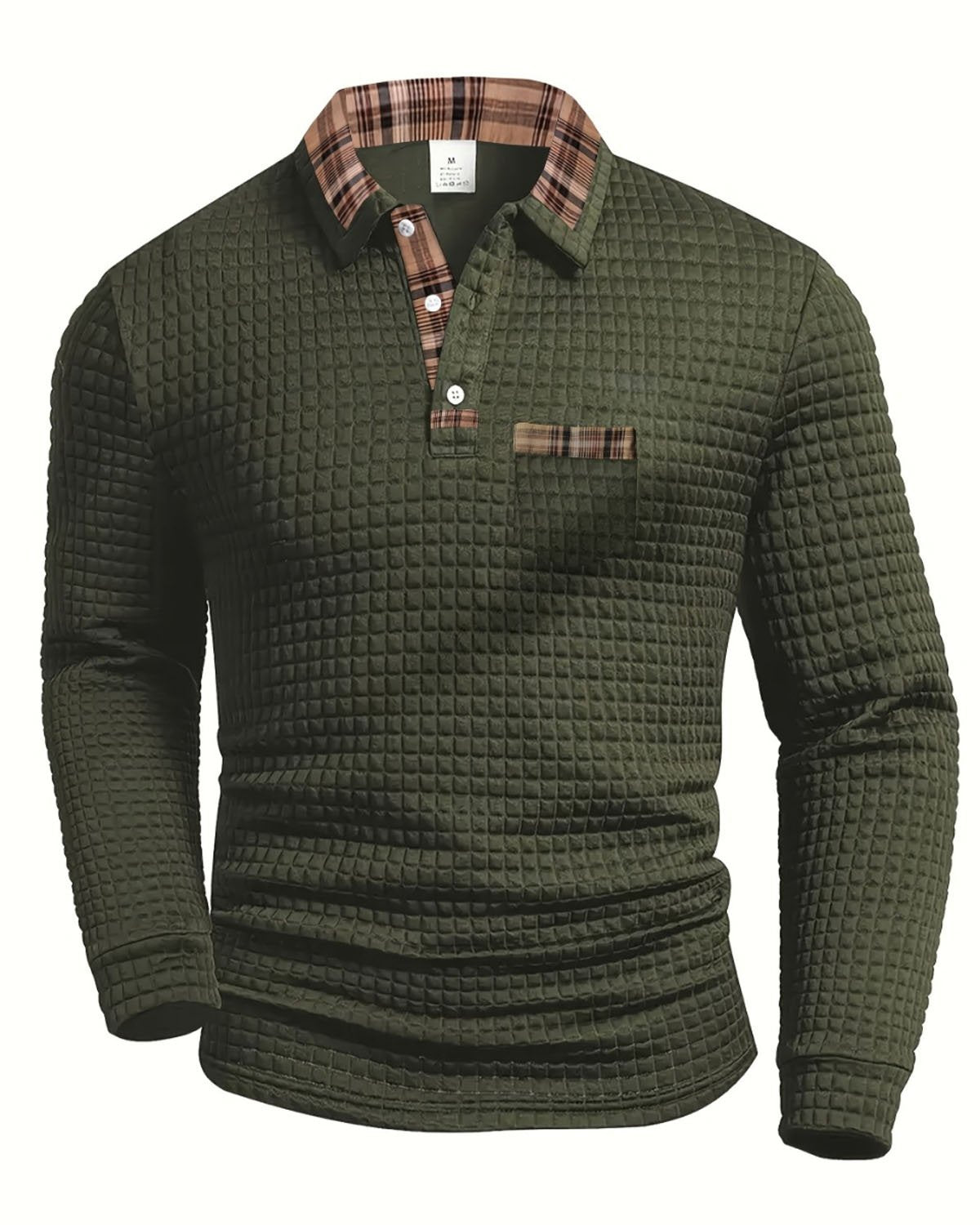 Alohadaddy® Men's Solid Color Geometric Patchwork Fabric Check Long-Sleeve Polo Shirt