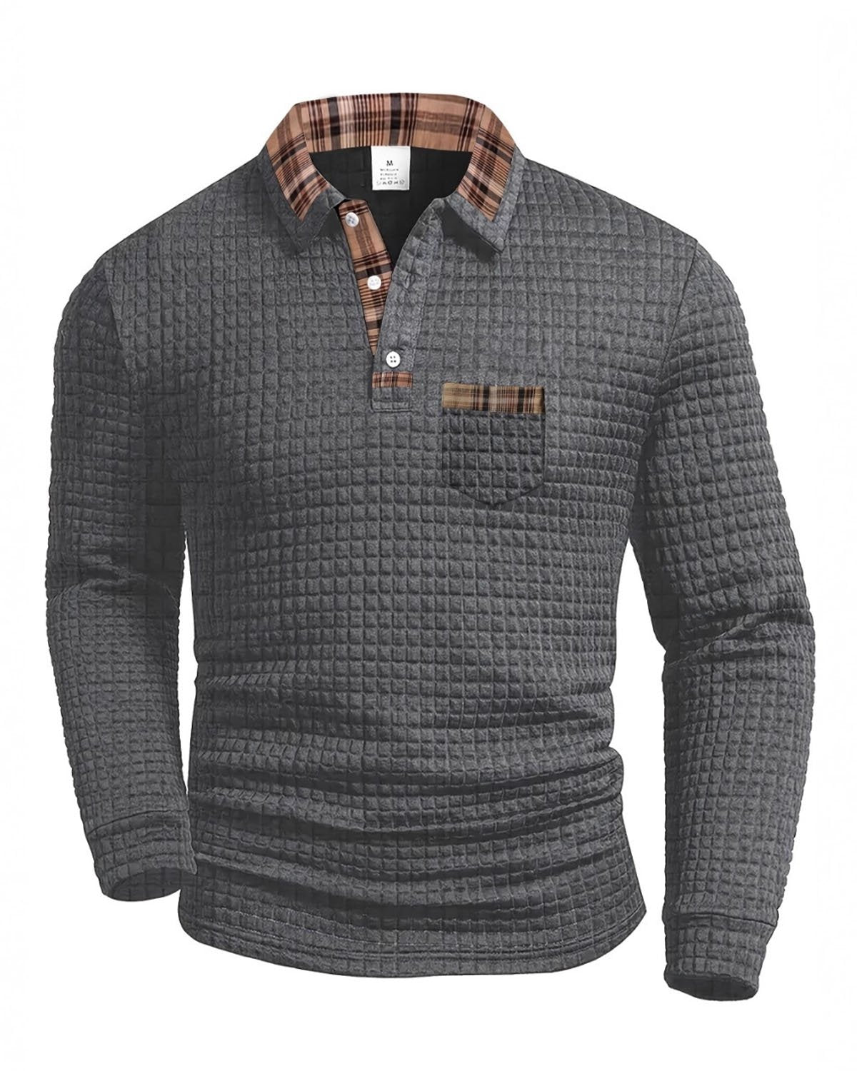 Alohadaddy® Men's Solid Color Geometric Patchwork Fabric Check Long-Sleeve Polo Shirt