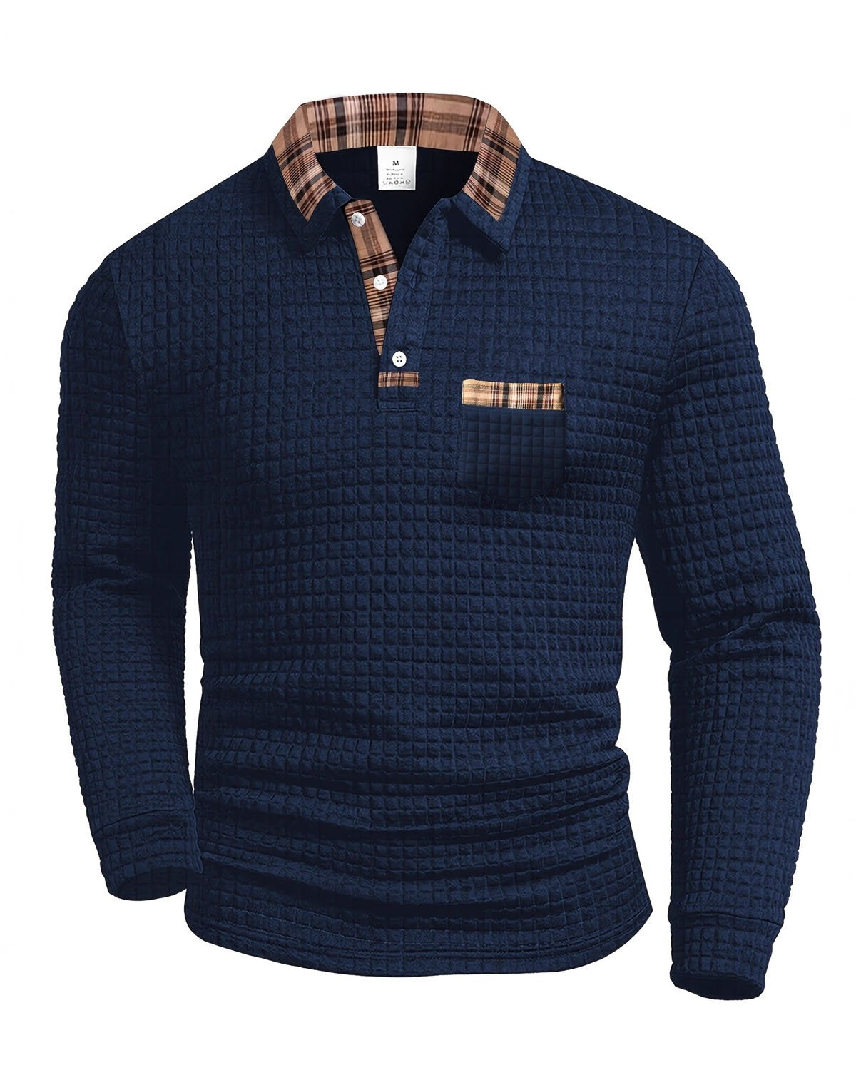 Alohadaddy® Men's Solid Color Geometric Patchwork Fabric Check Long-Sleeve Polo Shirt