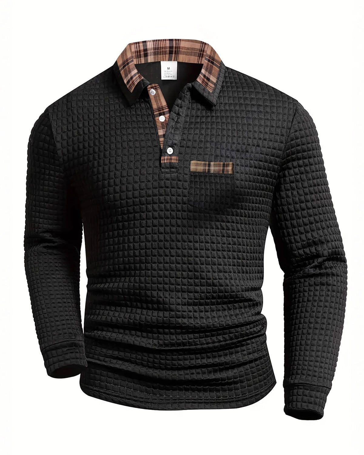 Alohadaddy® Men's Solid Color Geometric Patchwork Fabric Check Long-Sleeve Polo Shirt