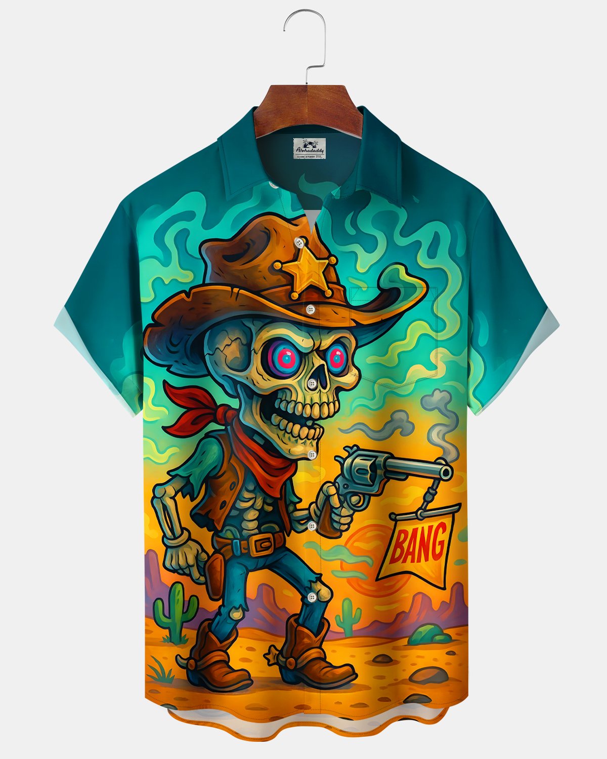 Alohadaddy® Retro Western Cowboy Cartoon Skull Desert Short-Sleeve Shirt