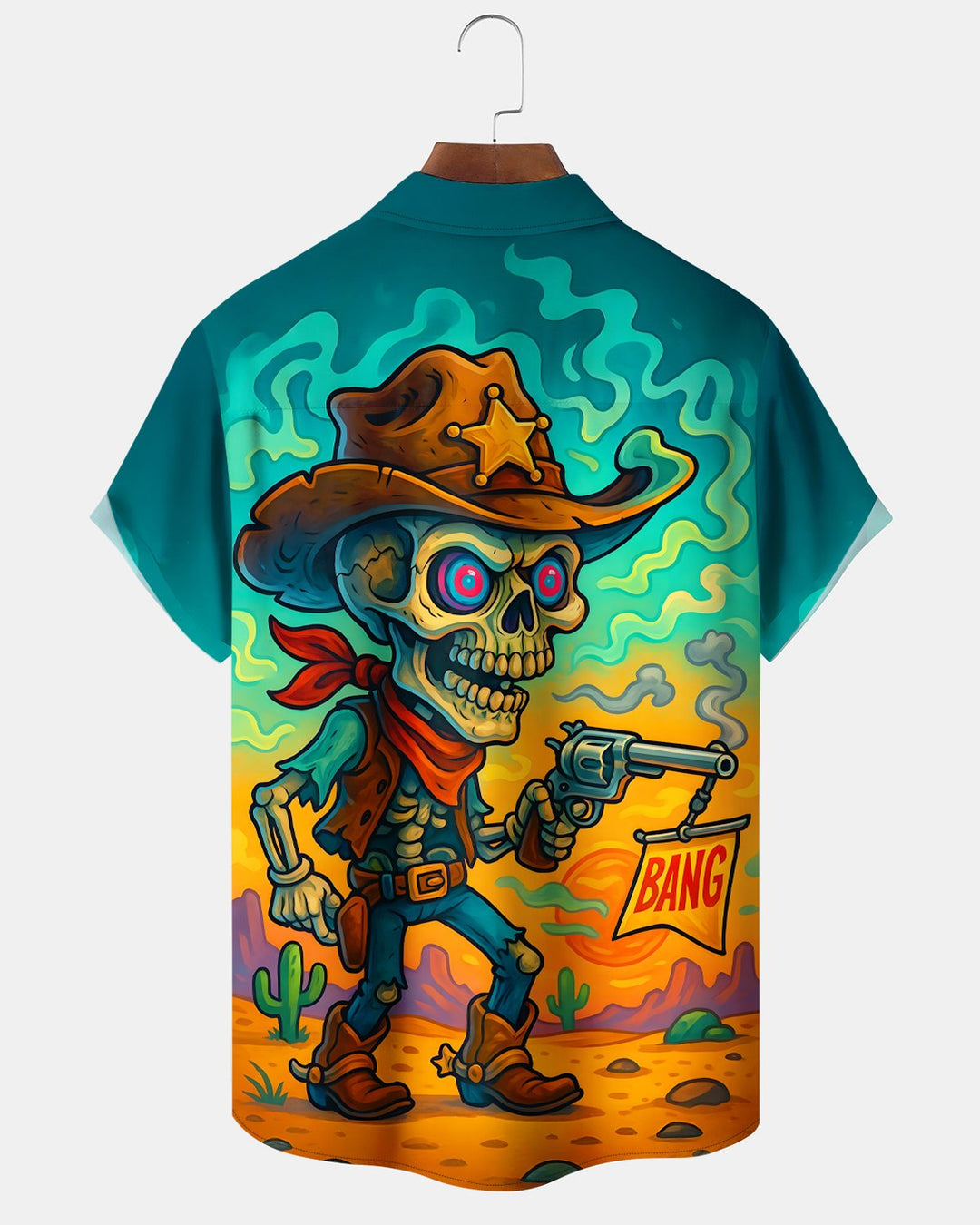Alohadaddy® Retro Western Cowboy Cartoon Skull Desert Short-Sleeve Shirt
