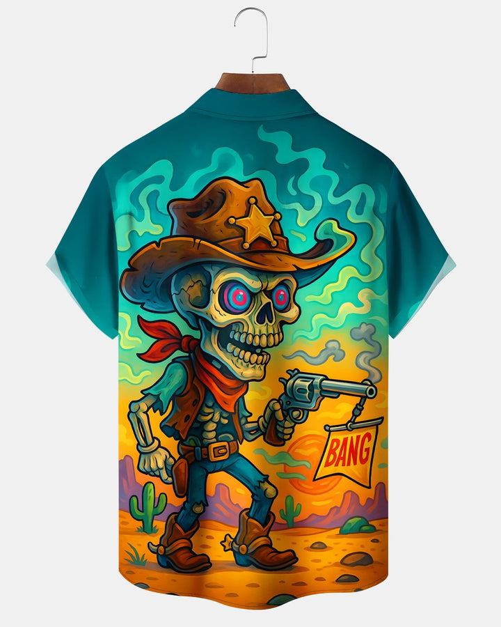 Alohadaddy® Retro Western Cowboy Cartoon Skull Desert Short-Sleeve Shirt