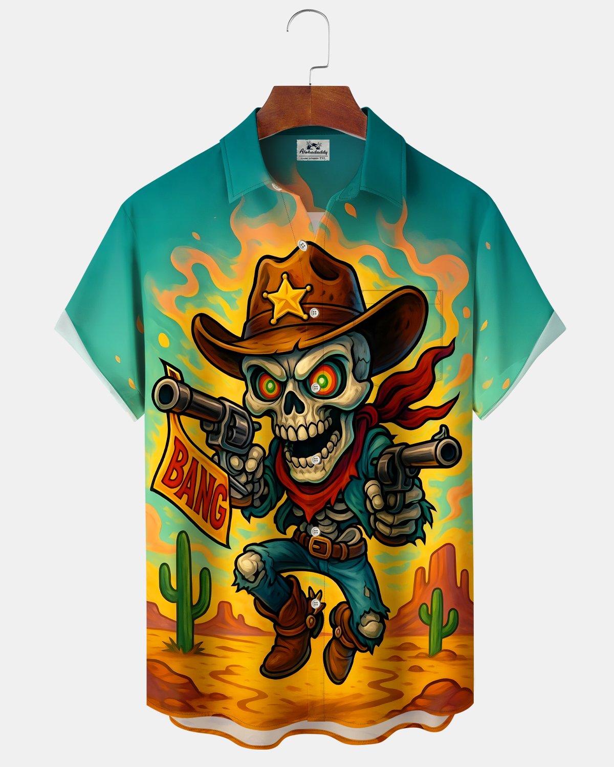 Alohadaddy® Retro Denim Cartoon Skull Cactus Desert Short-Sleeve Shirt