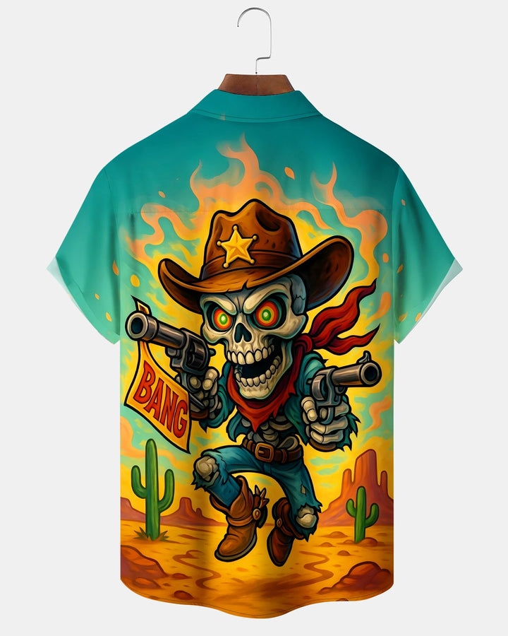 Alohadaddy® Retro Denim Cartoon Skull Cactus Desert Short-Sleeve Shirt