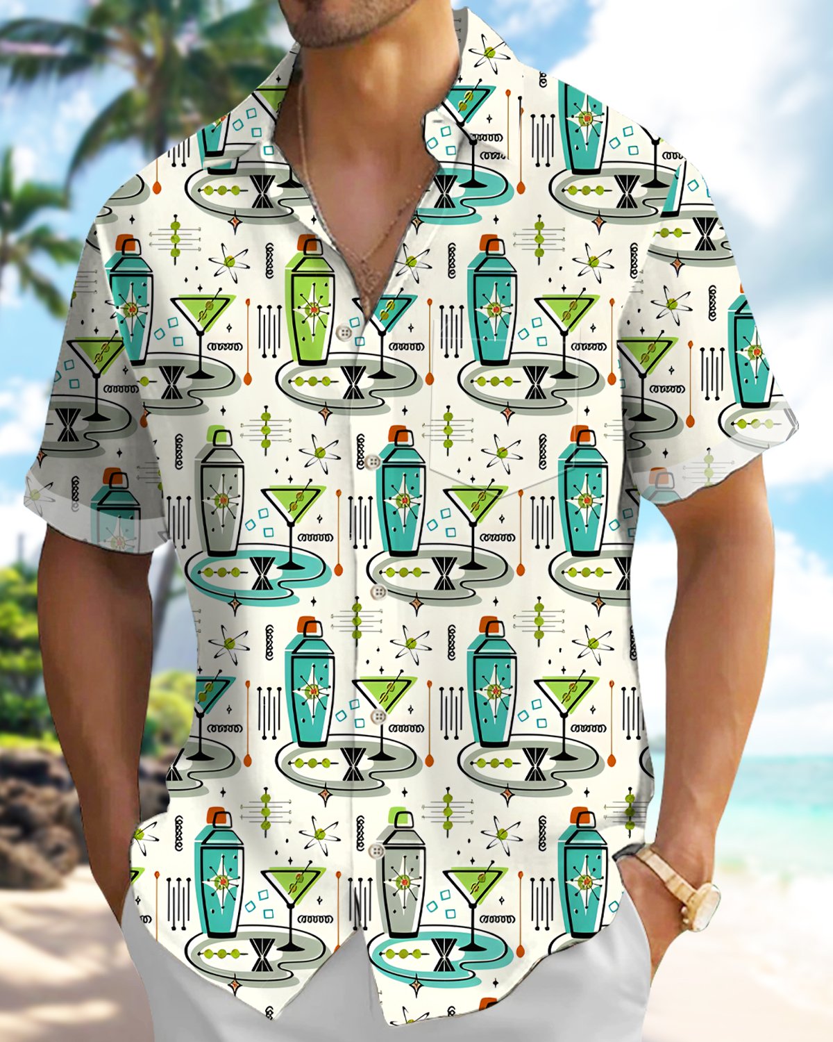 Alohadaddy® Hawaiian Retro Atomic Medieval Modern Cocktail Olive Shirt