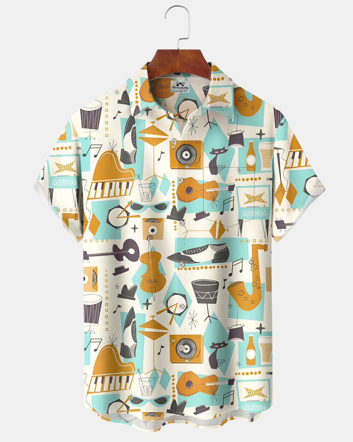 Alohadaddy® Retro Musical Guitar and Piano Note Short-Sleeve Shirt