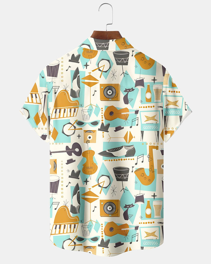 Alohadaddy® Retro Musical Guitar and Piano Note Short-Sleeve Shirt