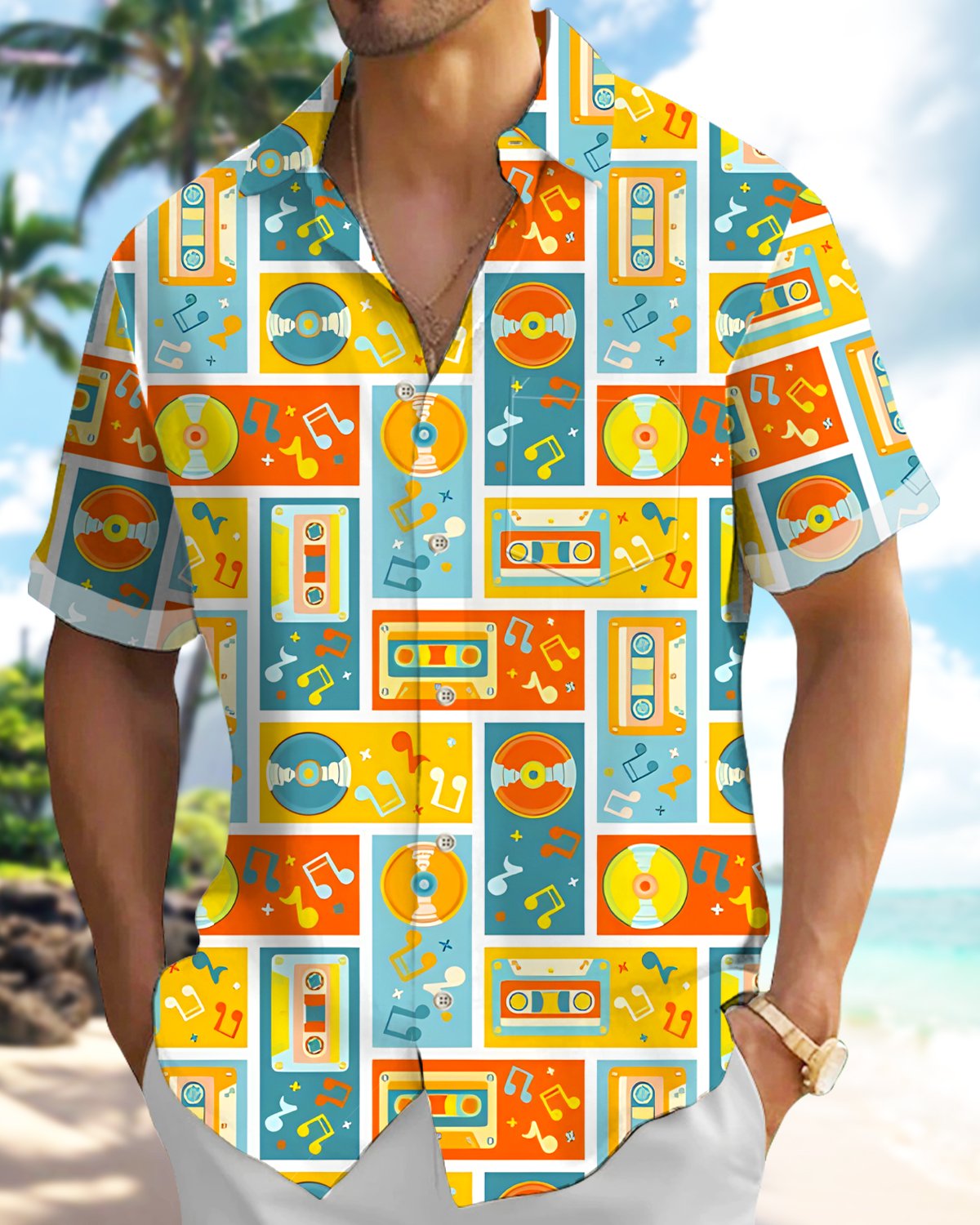 Alohadaddy® Retro Music Geometric Tape Men's Short-Sleeve Shirt