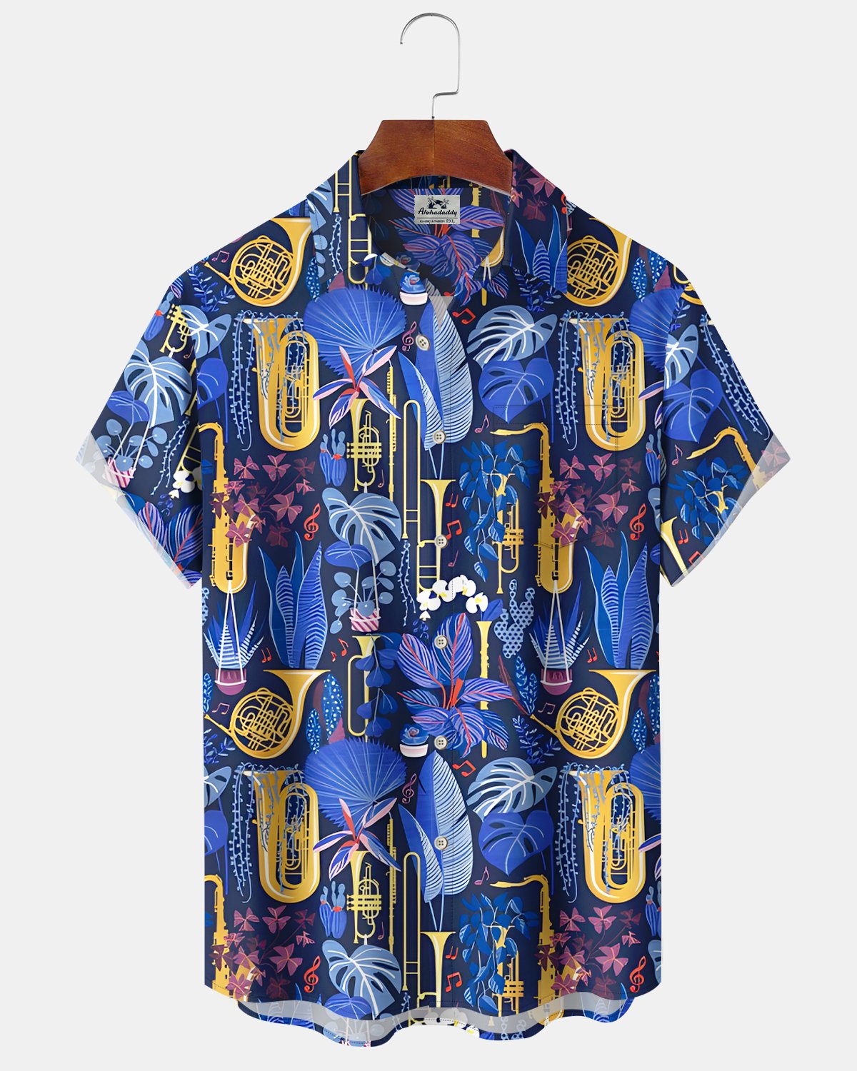 Alohadaddy® Hawaiian Tropical Floral Music Saxophone Men's Short-Sleeve Shirt