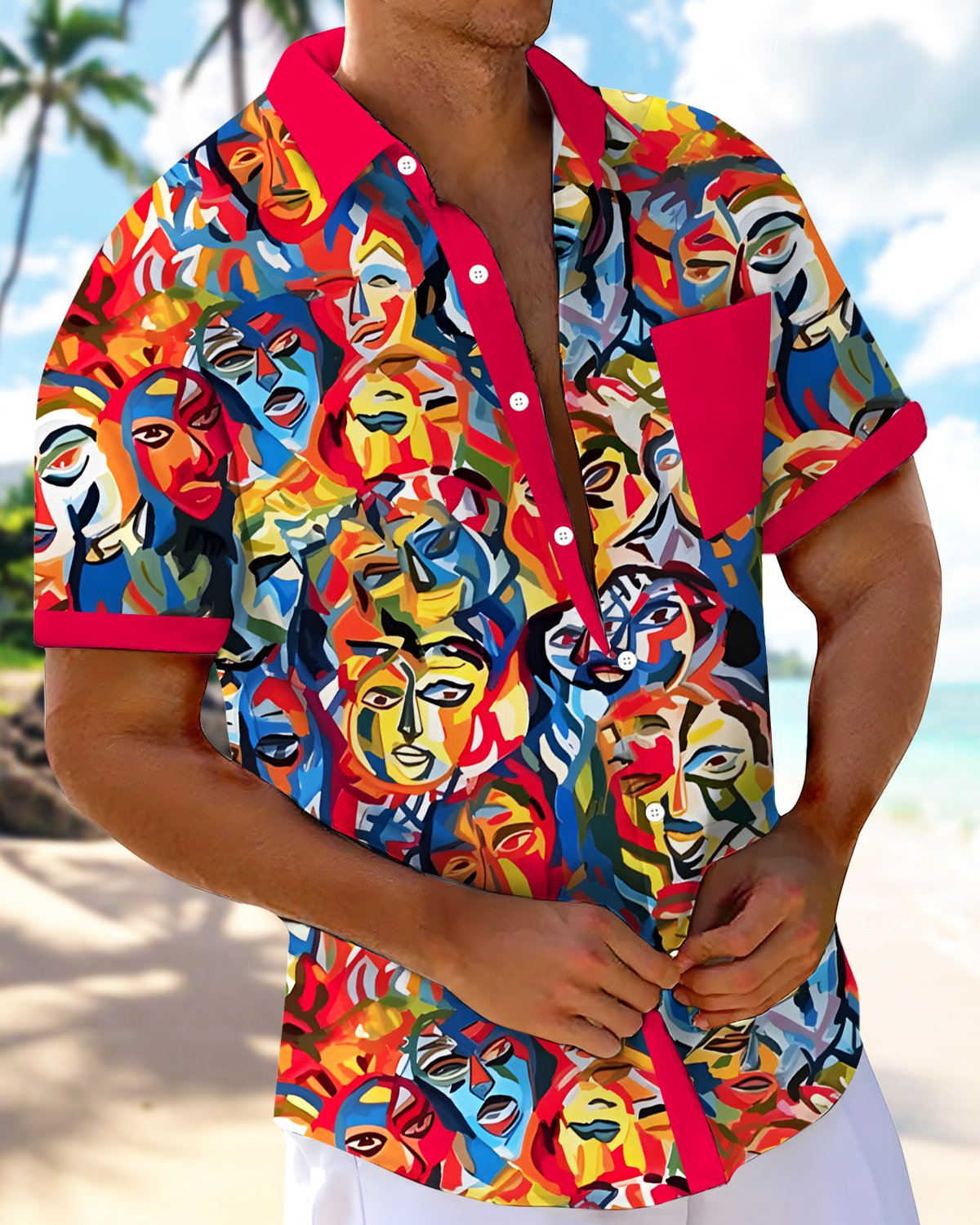 Alohadaddy® Retro Abstract Portrait Picasso Color Block Men's Short-Sleeve Shirt