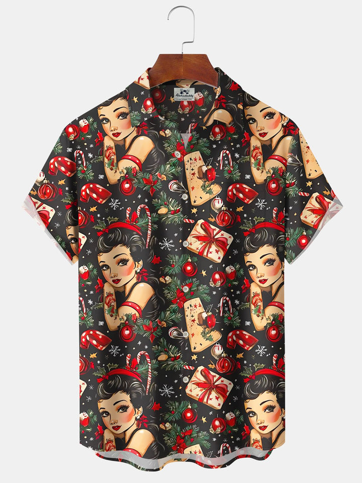 Alohadaddy 60s Vintage Christmas Holiday Pin Up Girl Holiday Hawaiian Shirt