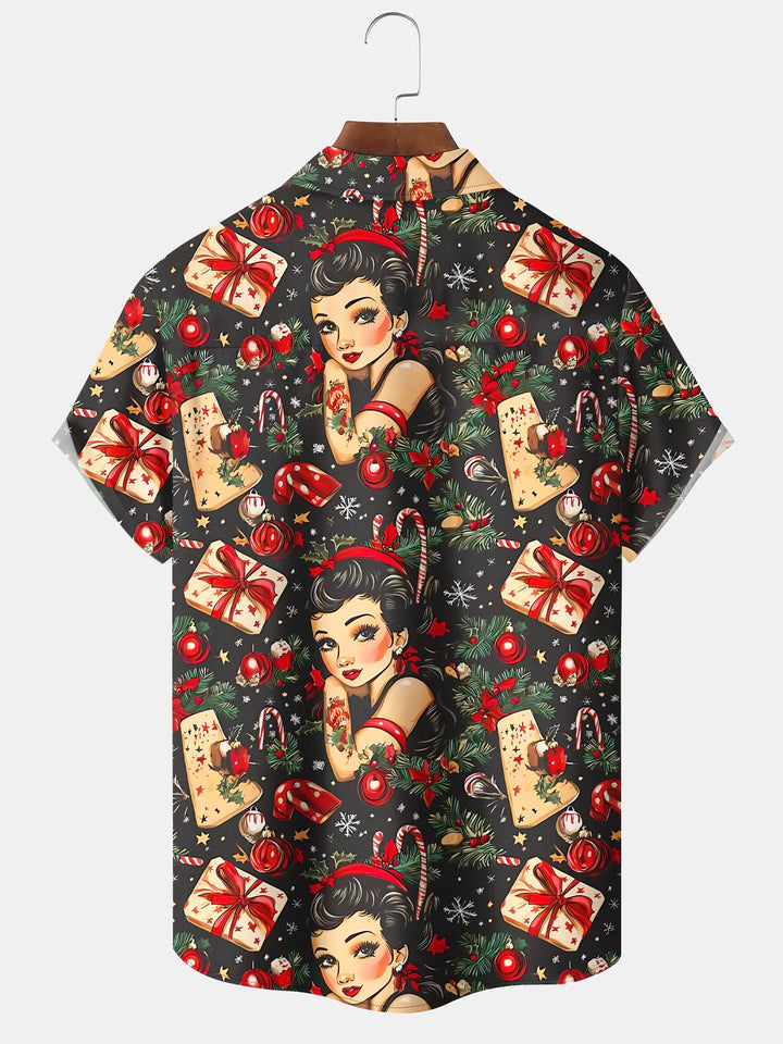 Alohadaddy 60s Vintage Christmas Holiday Pin Up Girl Holiday Hawaiian Shirt