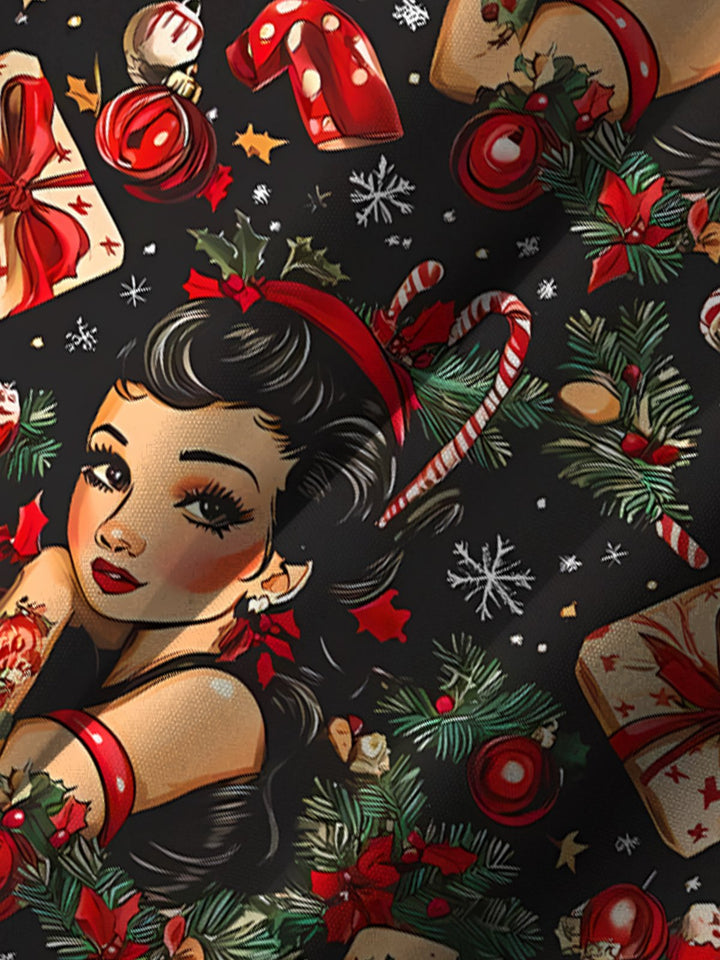 Alohadaddy 60s Vintage Christmas Holiday Pin Up Girl Holiday Hawaiian Shirt