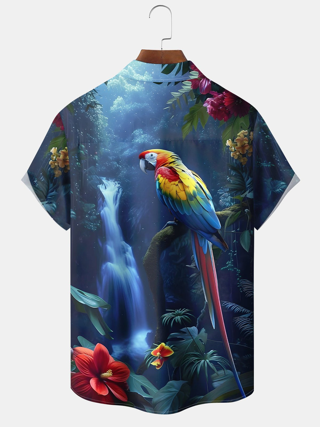 Camisa de manga corta con bolsillo abotonado para hombre con estampado de loro hawaiano Alohadaddy
