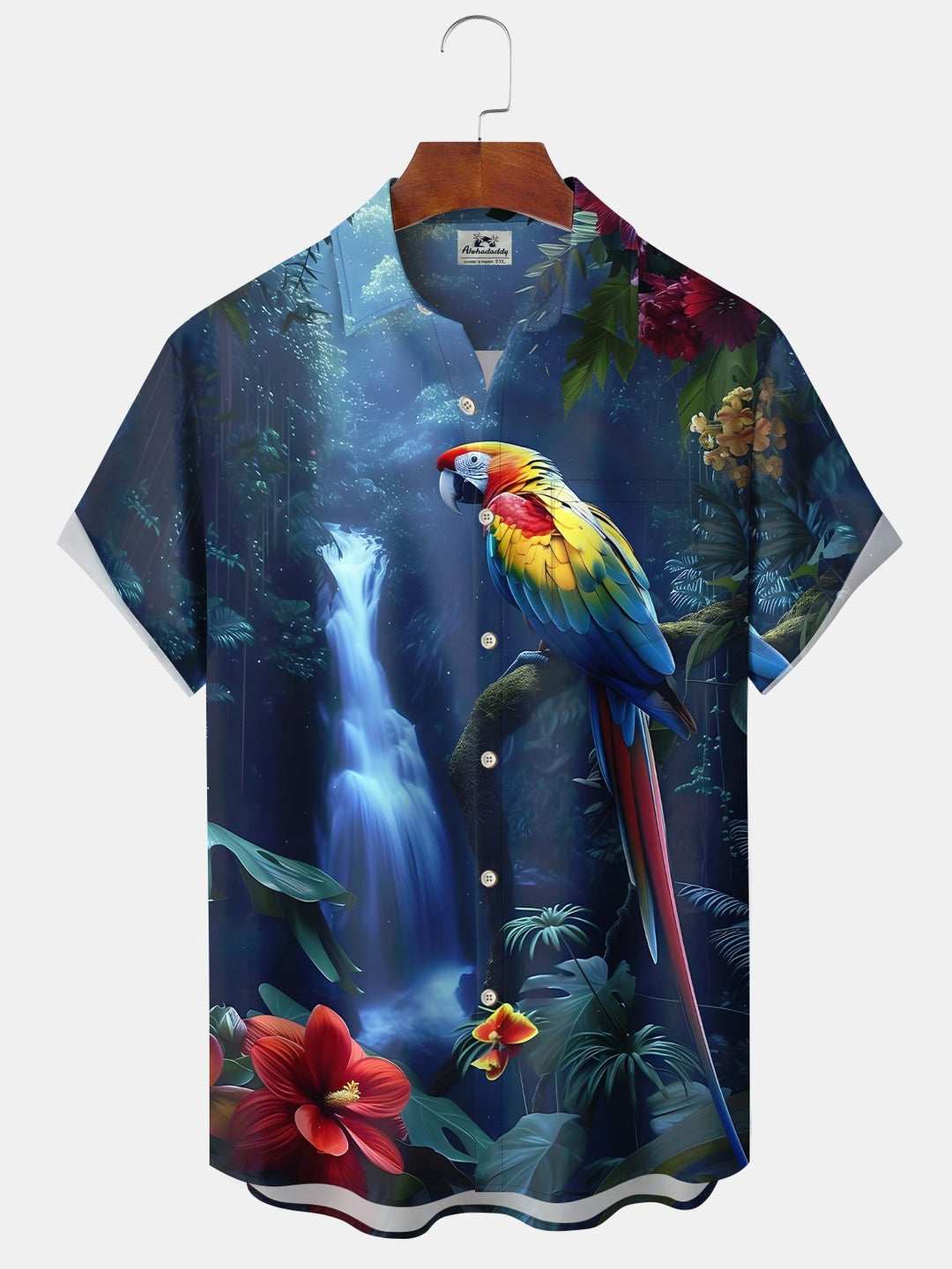 Camisa de manga corta con bolsillo abotonado para hombre con estampado de loro hawaiano Alohadaddy