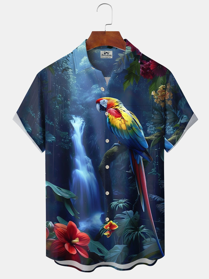 Camisa de manga corta con bolsillo abotonado para hombre con estampado de loro hawaiano Alohadaddy