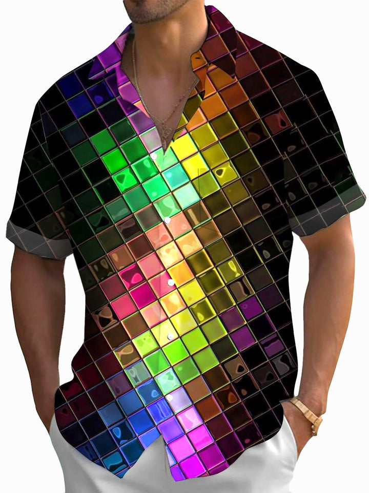 Camisa de manga corta con bolsillo abotonado y estampado 3D de arte geométrico retro para hombre de Alohadaddy