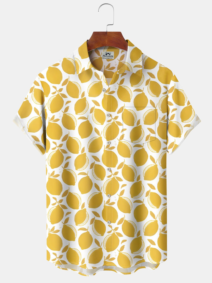 Alohadaddy® Casual Fruit Lemon Art Print Chest Pocket Elasticity Hawaiian Short Sleeve Shirt Big &amp; Tall