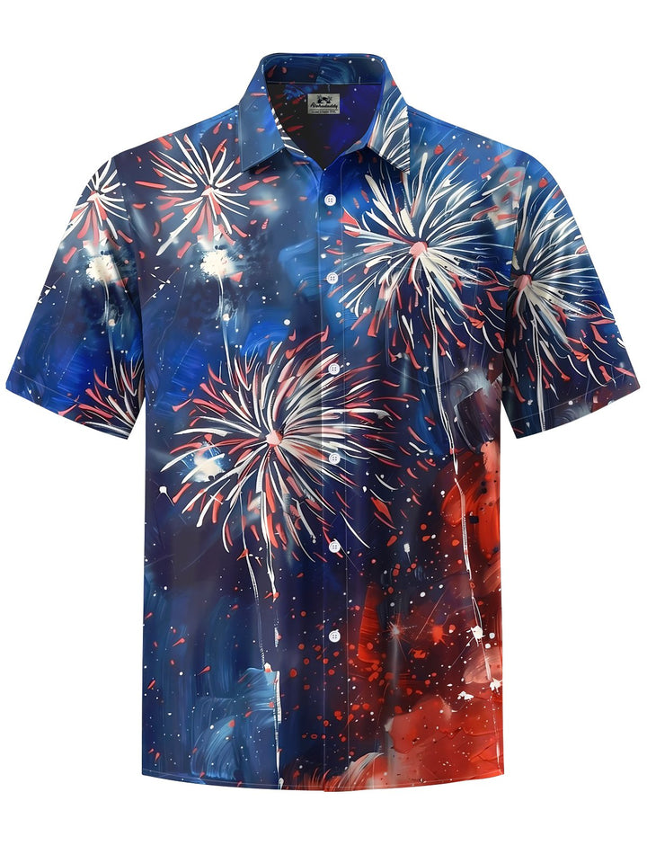 Alohadaddy® Holiday Collection Fireworks Print Chest Pocket Stretch Men&