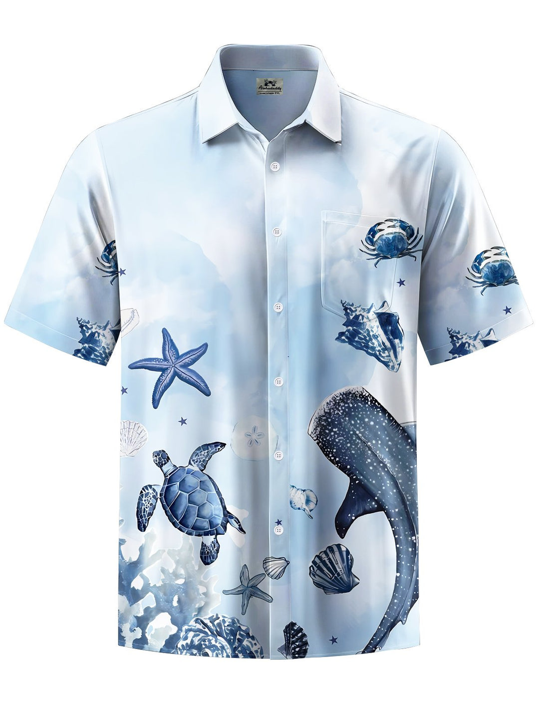 Alohadaddy® Hawaii Whale Turtle Print Art Chest Pocket Mens Short Sleeve Shirt Big &amp; Tall