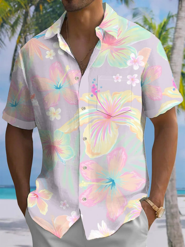 Alohadaddy® Hawaiian Flowers Art Print Chest Pocket Moisture Wicking Men&