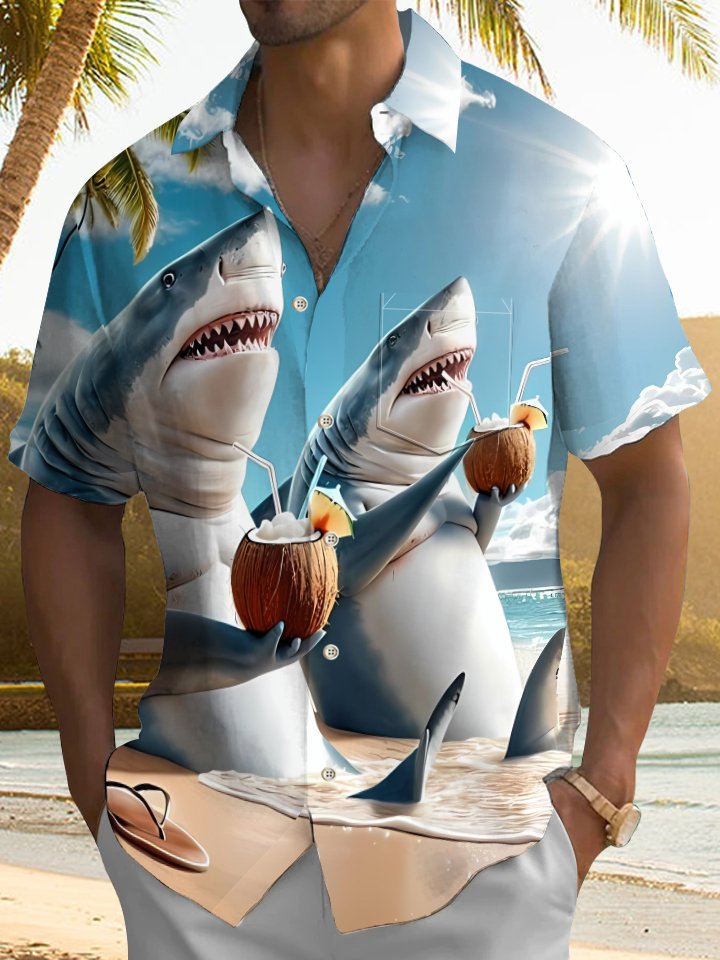 Alohadaddy® Hawaii Shark Beach Vacation Art Print Chest Pocket Men&
